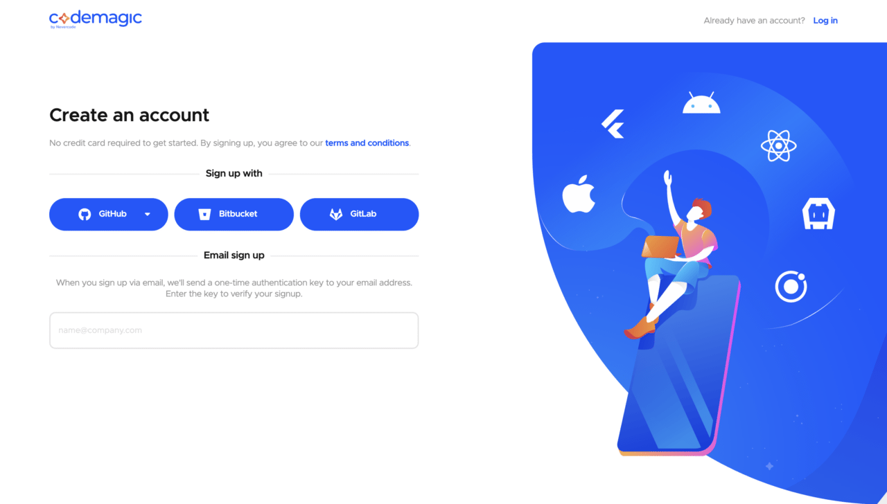 Codemagic sign up: choose your preferred Git repository or sign up via email